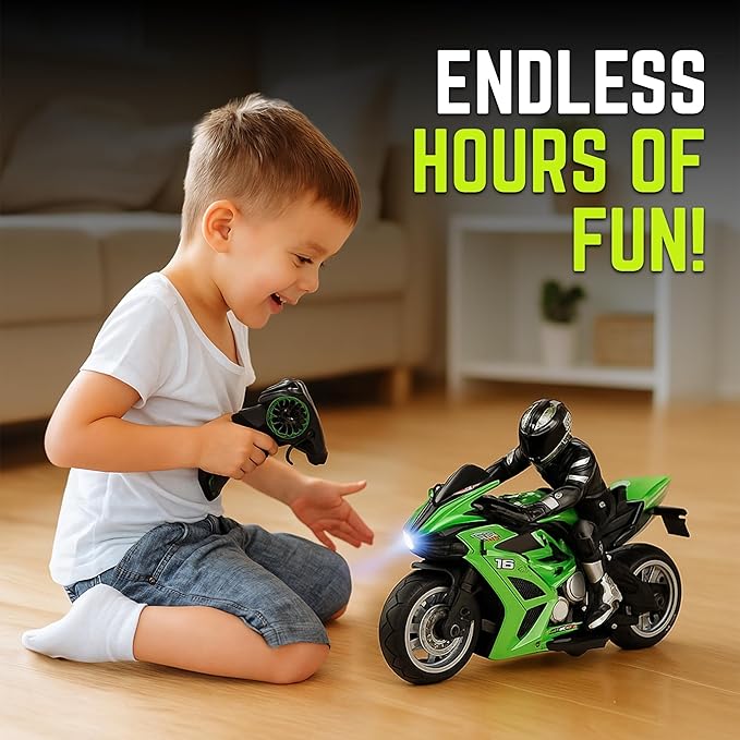 Liberty Imports 2.4G RC Remote Control Stunt Motorcycle with Riding Figure 1:10 Scale High Speed Cross Country 360 Degree Rotation Drift Shockproof Racing Motorbike (Green)