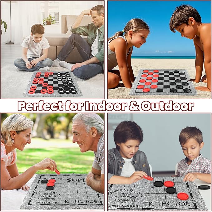 Giant 4 in 1 Chess SetJumbo Chess &amp Giant Checkers &amp Large Tic Tac Toe Giant Chess Board Game for Kids AdultsIncluding 2 Extra QueenLarge Checkers Rug Game Mat Indoor Outdoor Games Campin