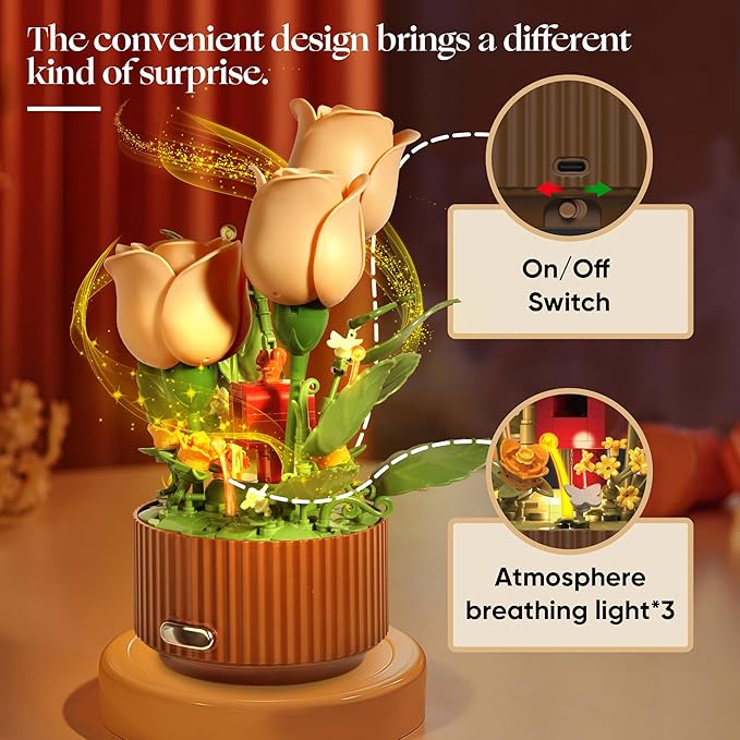 Magical Blooming Rose Building Set for Mom - Electric Moving Flower Blocks with Interactive Sound &amp LED Light Best Birthday for Women Grandma Wife