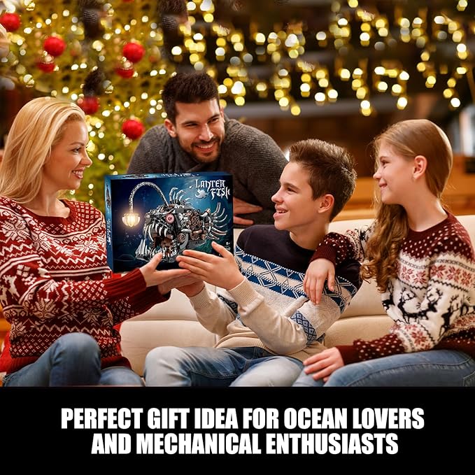 Mechanical Angler Fish Building Set with Light Creative Ocean Lantern Fish Animal Toy for Home Office Decor Compatible with Lego Shark STEM Gift for Adults Teens Boys 8-14+ (1038 PCS)
