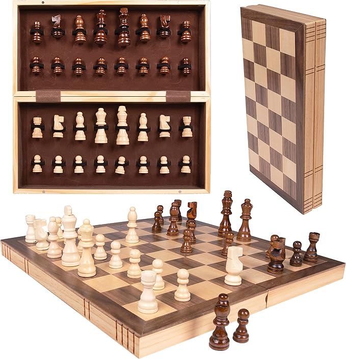 Premium Wooden Chess Set 15.7 Inches Chess Board Game Set for Adults - Folding Board - Pieces Storage Slots Handmade Portable Travel Chess Game - Beginner Chess Set for Kids 6 up Age