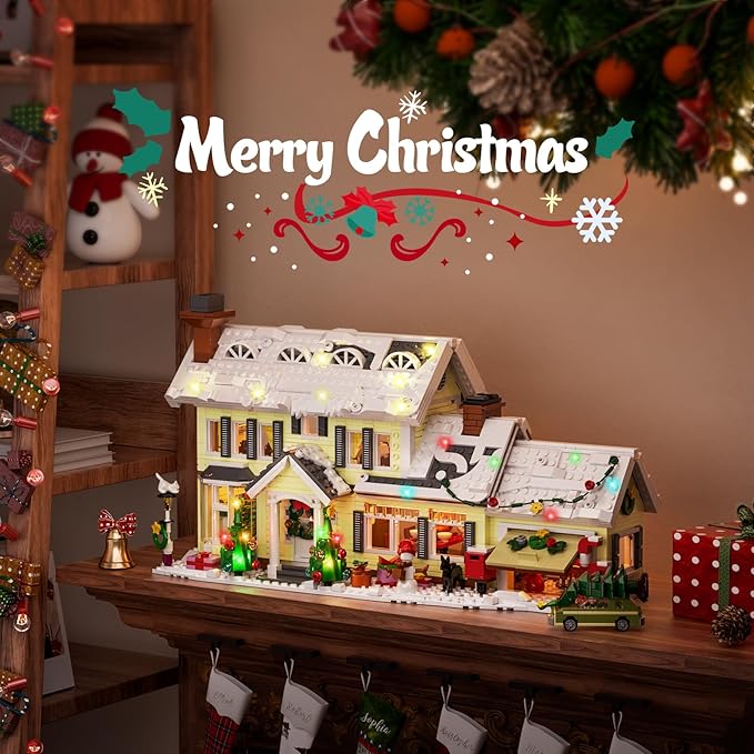 Christmas Holiday House Building Set DIY Christmas Holiday Snow Village with Clark's Car Christmas House Compatible with Lego Gifts for Boys Girls Family and Friends (1484pcs)