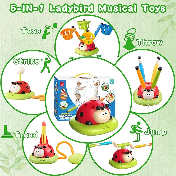 5 in 1 Musical Jump Bean Bag Toss Ring Game Baseball Toys and Stomping Launch Rocket Launcher for Kids Remote Control Indoor Outdoor Sports Toys for Kids Ages 4-8 3-5 Birthday Easter Gifts