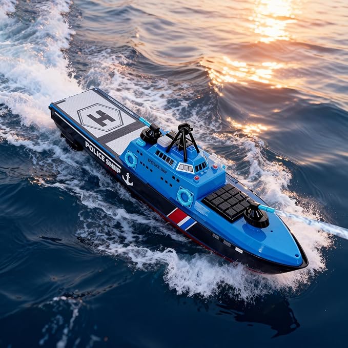 22 Inch 56CM Remote Controlled Warship Battleship Aircraft Carrier 15km/h 2.4G 8WD RC Boat Spaying Water LED Walk On Water Lakes Pools for 14Y+ Blue (2 Water-Cannons 1 Shooting &amp1 No-Shooting)
