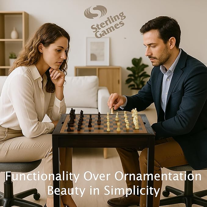 Sterling Games Wooden Chess Table | Chess Checkers and Backgammon 3 in 1 Combo Game Table Furniture Set 25 x 25 4 King Dark Zebra