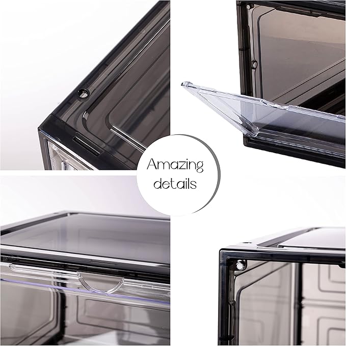 Attelite Large Clear Shoe Box OrganizerPlastic Stackable Shoe Storage Box with Magnetic Door Large Clear Door Shoe Containers for Display Sneakers Easy Assembly（Black）