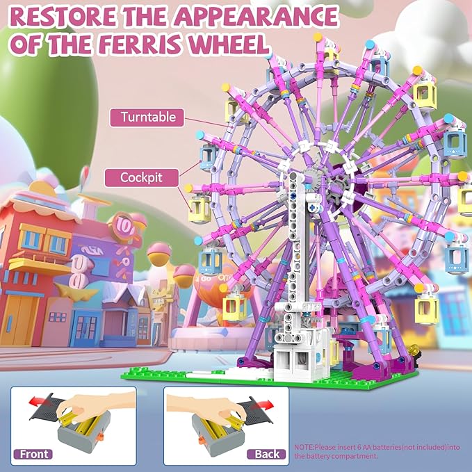 Ferris Wheel Building Set with Fairy Lights Two-Way RotationSTEM Learning Toy for Ages 8-12Amusement Park Construction Kit for Boys Girls 8 9 10 11 12 13 14 and Adults813Piece