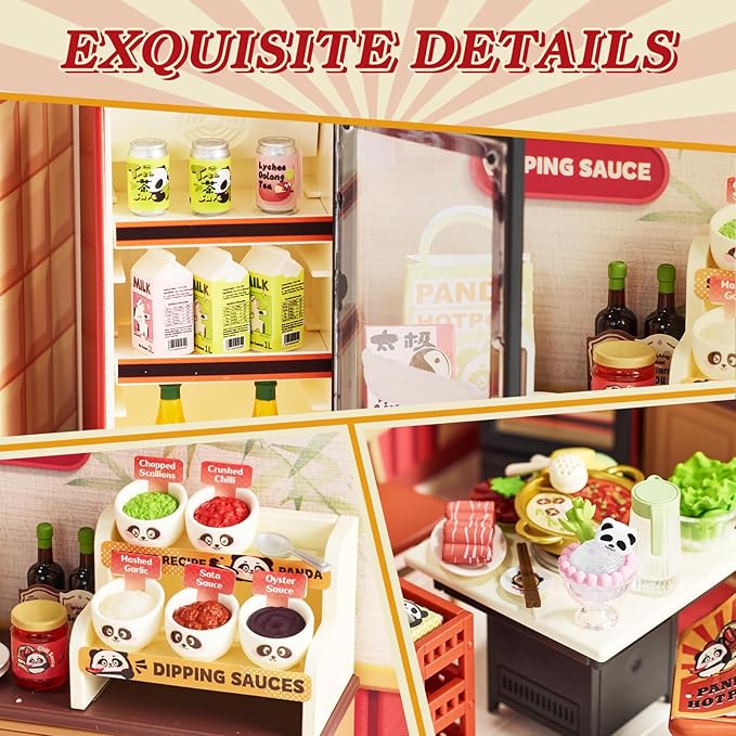 Rolife Super Creator DIY Miniature Plastic House Building Set Playset with LED Suitable for Mini Figures Construction Toys Diorama Kit Gifts for Teens Adults (Panda Hot Pot)