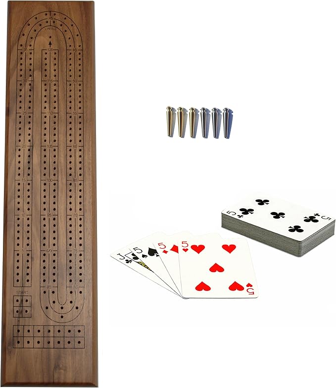 WE Games Deluxe Cribbage Set - Solid Walnut Wood Continuous 2 Track Board with Easy Grip Pegs Cards &amp Storage Bag
