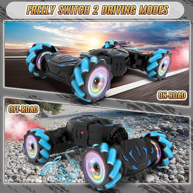 Pristar RC Cars Gesture Sensing Stunt Car Best Gifts for Boys 6-12 2.4Ghz Remote Control Car Toys for Boys Age 6 7 8 9 10 11 12 Double Sided Flip 360° Rotate 4WD Off-Road with Spray Lights Music