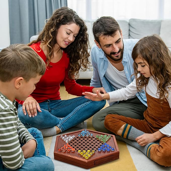 14.2 Wooden Chinese Checkers Board Game with Storage Drawer | 6-Player Marble Strategy Game | Classic Family Board Game for Kids &amp Adults | 16mm 60+12 Colorful Glass Marbles More Easy Grasping