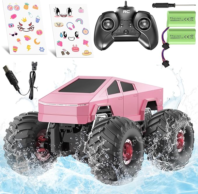 Remote Control Car Cyber RC Truck Toy 1:16 2.4GHz 4WD Off-Road Amphibious Waterproof Monster Truck for All Terrain Kids Birthday Gifts for Boys Girls Age 6 7 8 9 10 11 12 Year Olds (Pink)