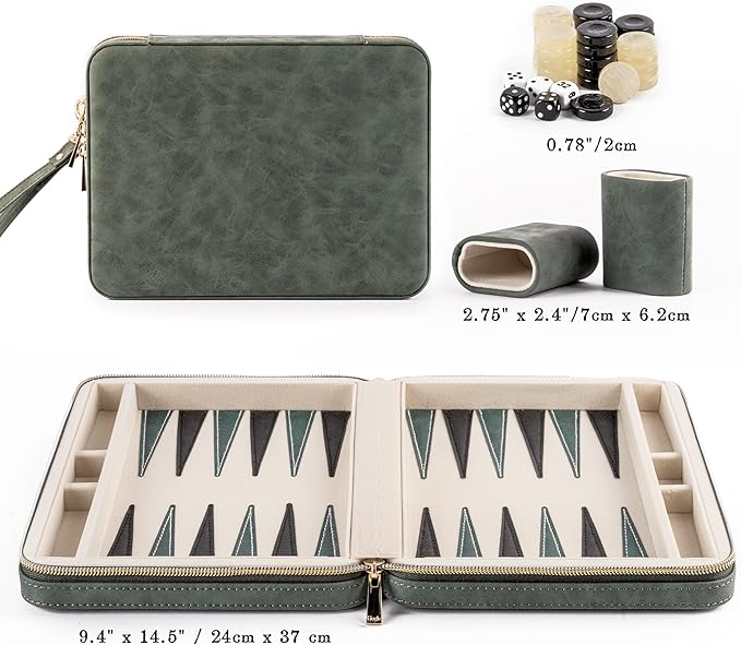 Backgammon Sets for Adults Classic Board Game with Folding Faux Leather Backgammon Case Portable Travel Backgammon Game Set (Green)