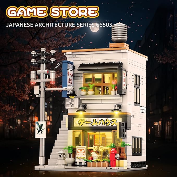 Reobrix Japanese Game Store Building Blocks with Light 2 in 1 Japanese Street View House Model Set 66503 Creative Modern Construction Toy Ideal Collectible Gifts for Adults and Boys