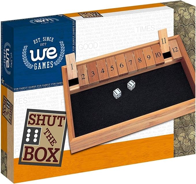 WE Games Wooden Shut The Box - Close The Box Set with 12 Number Tiles &amp 2 Dice Games - 13.5” Natural Wood Finish