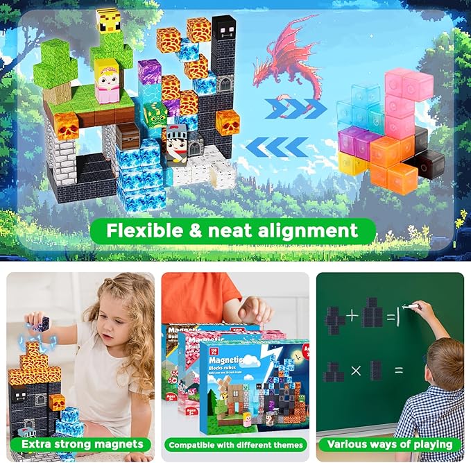 150PCS Magnetic Blocks - Magnet Building Blocks Stacking Magents Cubes Toys Forest Dark Castle Set STEM Montessori Sensory Toys for Kids Boys and Girls Ages 3 4 5 6 7 8 9 10 Easter Birthday Gifts