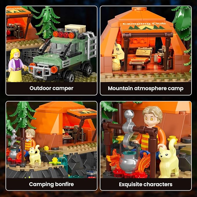 Mountain Camping Building Blocks Set - 677PCS Outdoor Adventure Scene Construction Toy with Tent Camping Car &amp Campfire Desktop Decoration for Kids &amp Adults Creative Gift for Camping Lovers