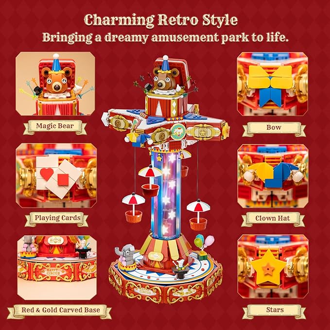 PANTASY Circus Paradrop Building Block Set Retro Carnival Display Model with LED Lights Motorized Moving Ride Colorful Star Columns Magic Box Teddy Bear Type-C Powered Interactive Adult Collector