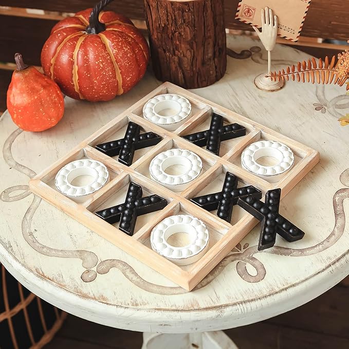 NIKKY HOME Tic Tac Toe Game Coffee Table Decor 10.6 Inch Rustic Wooden Board Black &amp White