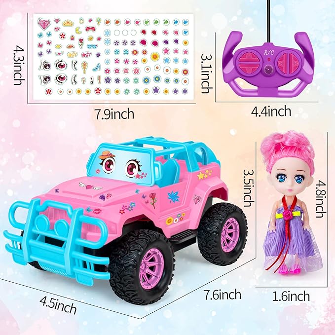 Remote Control Car- RC Truck with DIY Stickers and Doll for Kids Girls Birthday 1:20 Scale RC Truck Full Functions Creative Racing Car for Toddlers Kids Indoor Outdoor Games Pink