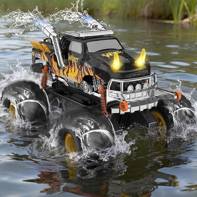 1:16 Waterproof Monster Truck Toys RC Car Amphibious rc Cars Water Blaster Trucks 60+ Min Runtime with 2 Batteries 360 Spin 4WD All Terrain Off-Road Pickup Toy for 4-12 Year Old Kids Gifts Presents