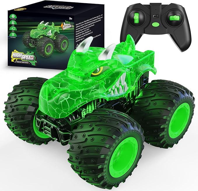 Remote Control Car 2.4GHz Monster Trucks Toys with Light Spray Birthday Gift for Kids 3 4 5 6 7 8 All Terrain RC Cars Toddler Toys for Boys Girls 3+ Year Old (Dinosaur-Green)