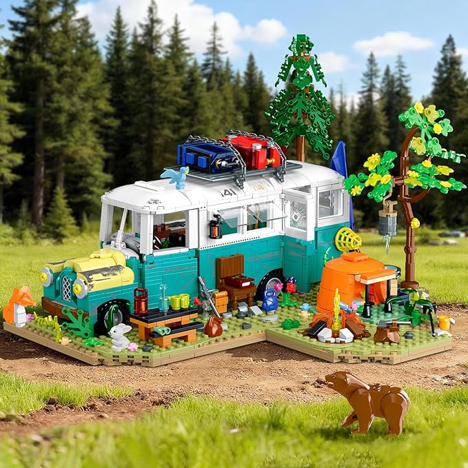 Wilderness Bus Building Set with Light 1392PCS Camping Building Toy Kit with Removable Bus Animals and Rich Accessories Creative Home Decor &amp Display Xmas Birthday Gifts for Adults Teens