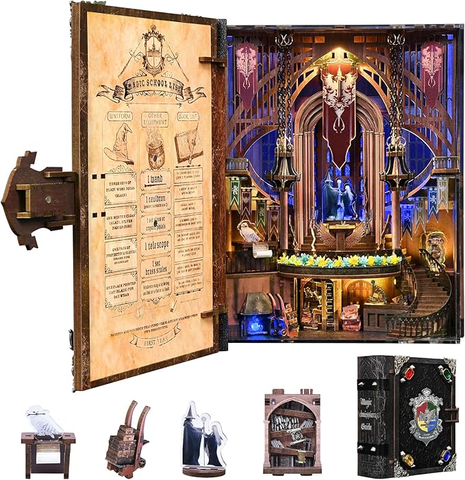 Book Nook Kit with LED Light Miniature House Kit for Birthday 3D Wooden Bookends Puzzle Bookshelf Decor for Adults Teens Beginners (Magic Admissions Guide)