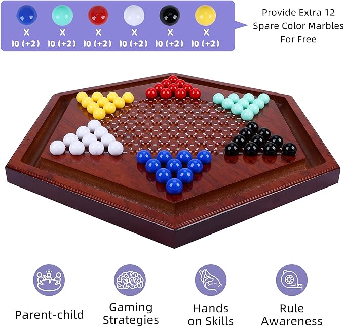 14 inches Wooden Chinese Checkers Set 60+12 Colorful Acrylic Marbles in 6 Colors Classic Strategy Games for Adults Kids and Seniors Fun for Whole Family Board Game (Up to 6 Players)