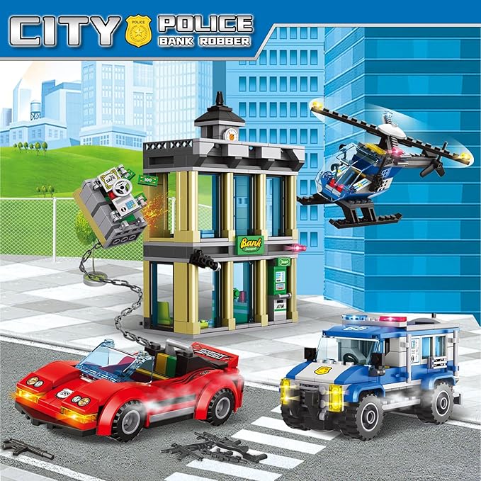 City Police Bank Building Sets Compatible with Lego Police Bank Includes Car Bank Helicopter Police Chase Building Blocks Toy Set Gift for Kids 6 Plus Years Old（655 PCS）