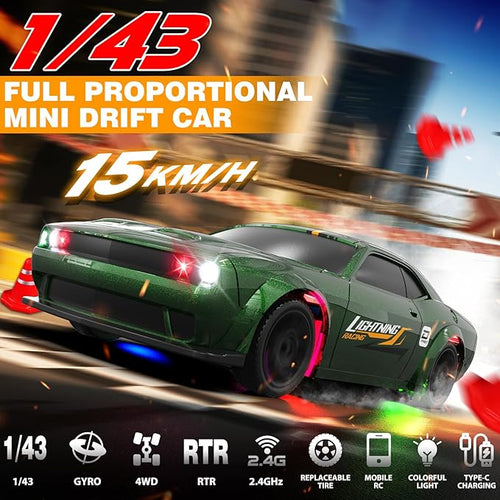 1/43 RC Drift Car Mini Drifting RC Car with Gyro 2.4GHz Full Proportional Drift Cars 4WD RTR Remote Control Cars with Colorful Lights Gyroscope Fast Racing Vehicle Gift for Kids Boys Adults