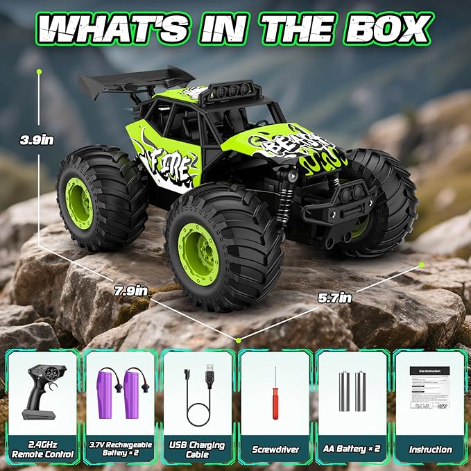 Remote Control Car All Terrain RC Cars with Speed Switch RC Truck with LED Headlight and Rechargeable Batteries 20KM/H Monster Truck Toys Gift for Boys 6-8 8-12 Green