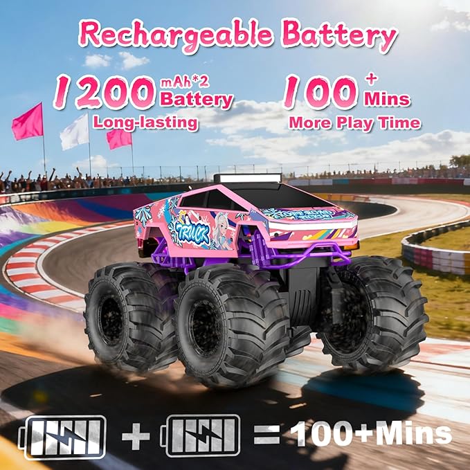 Remote Control Car for Girls1:18 Pink Monster Truck Toys Amphibious RC Cars 2.4 GHz Waterproof RC Trucks 4WD All Terrain Off-Road Pickup Girls Toys for 6-12 Year Old Kids Christmas Birthday Gifts