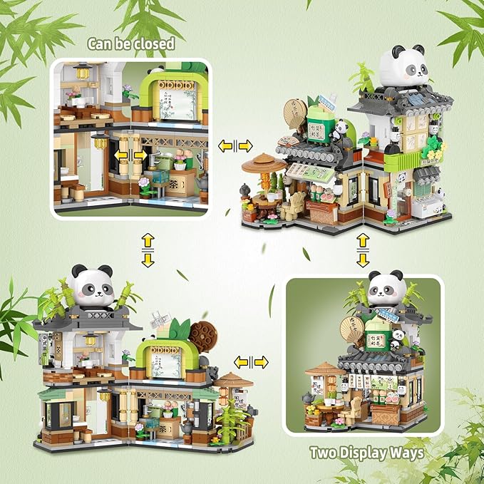 Street View Tea Shop Mini Building Blocks Set Cute Panda Animals Building Toys Girls 6-12 Simulation Architecture Construction Toy Birthday Gift for Kids Adults (860PCS)