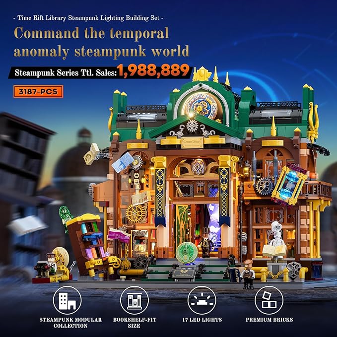 Steampunk Time-Rift Library Lighting Building-Bricks Set 3187 Pcs Modular Building from Chrono Custodians Collection Display Set for Adults and Steampunk Lovers