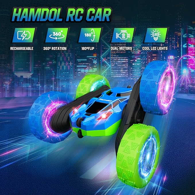 RC Cars Toys for Kids Ages 6-12 360° Spinning Double-Sided Remote Control Car with LED Lights 4WD Rechargeable Toy for Boys Age 8-10 Perfect Birthday Holiday Valentines Easter Gift