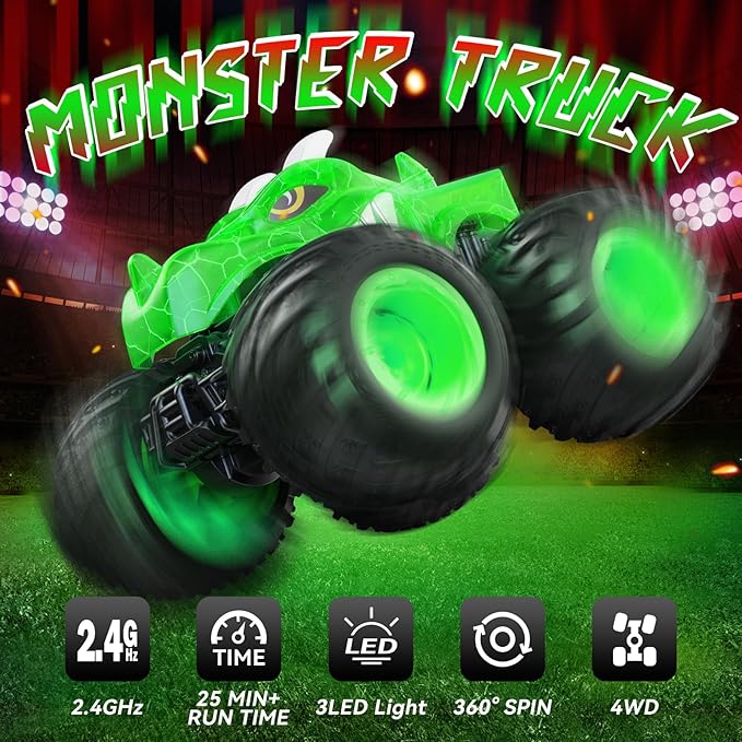 Remote Control Car 2.4GHz Monster Trucks Toys with Light Spray Birthday Gift for Kids 3 4 5 6 7 8 All Terrain RC Cars Toddler Toys for Boys Girls 3+ Year Old (Dinosaur-Green)