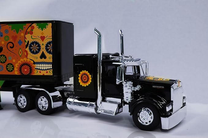 Shop72 1:32 Scale Toy Truck with Trailer Diecast Semi Long Hauler Truck Collectible Long Hauler with Dry Van Trailer Diecast 18 Wheelers Semi Replica Kenworth W900 Model - Dia DE Los Muertos