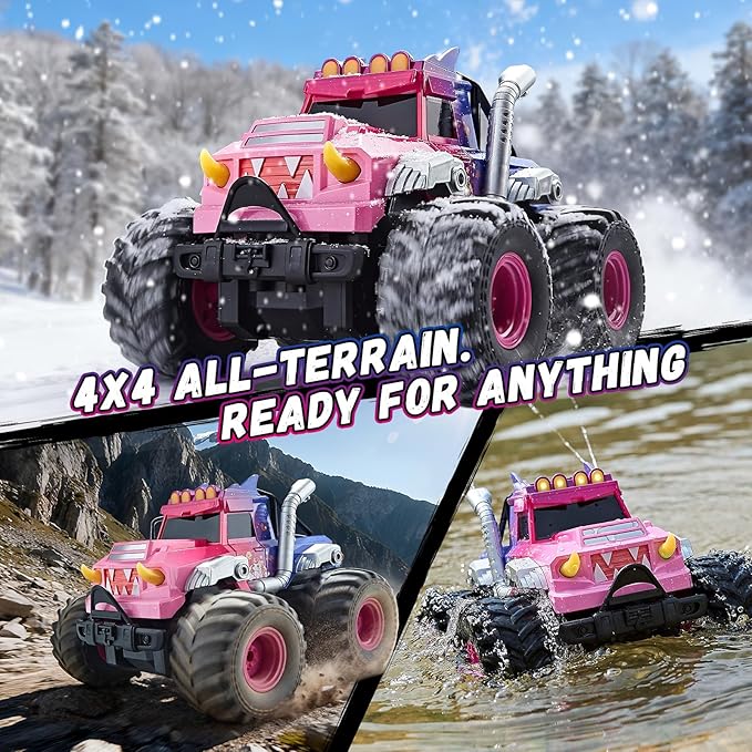 Remote Control Car for Girls Waterproof Pink Monster Truck Toys W/Blocks &amp 360°Spin 1:18 Amphibious RC Cars 4WD All-Terrain Off-Road RC Trucks Birthday Gifts Pool Toys for Kids Age 3-12