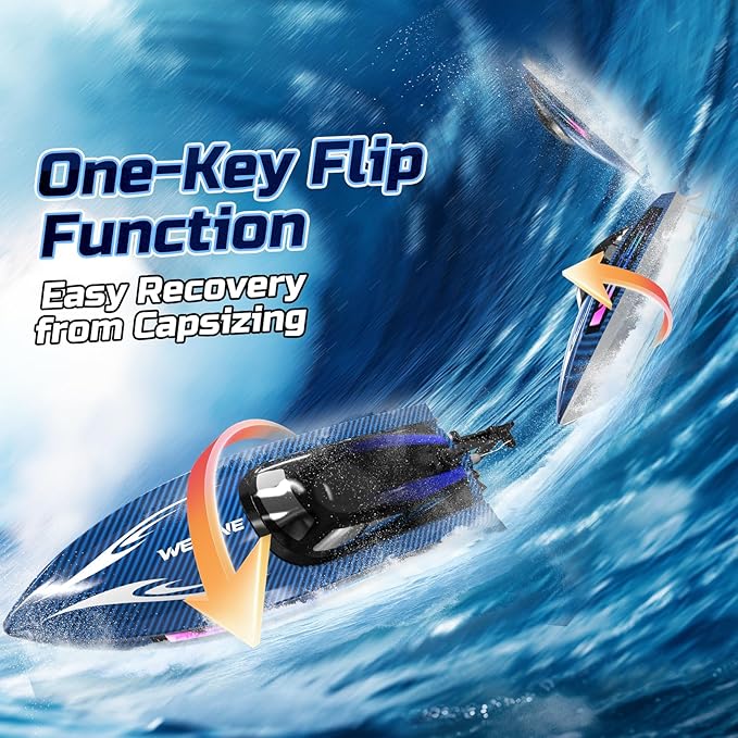 RC Boats for Adults Remote Control Boat for Pools and Lakes WF17 25+ KMH Fast RC Speed Boat with 7 LED Light Modes for Kids 8-12 Summer Toys for Boys Girls 2 Batteries for 30-40 Mins Blue