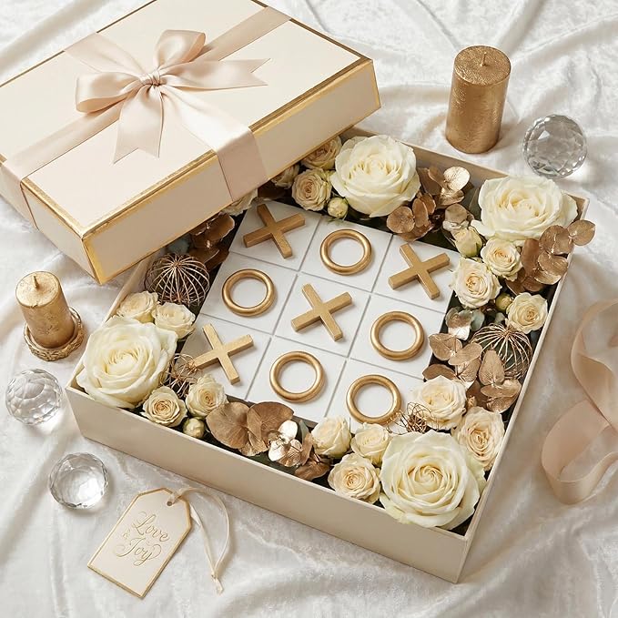 11.8x11.8 Inch Tic Tac Toe Wood Game Board Coffee Table Decor Modern Wooden for Board Table Top Living Room Decor Fun Family Party Adults Travel Ages15+(White Gold)