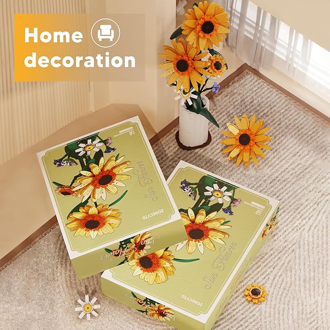 Sunflower Building Blocks Sets Flower Bouquet with Vase for Adults Teens Flower Garden Building Toys for Girls Boys Home Decor - 821Pcs