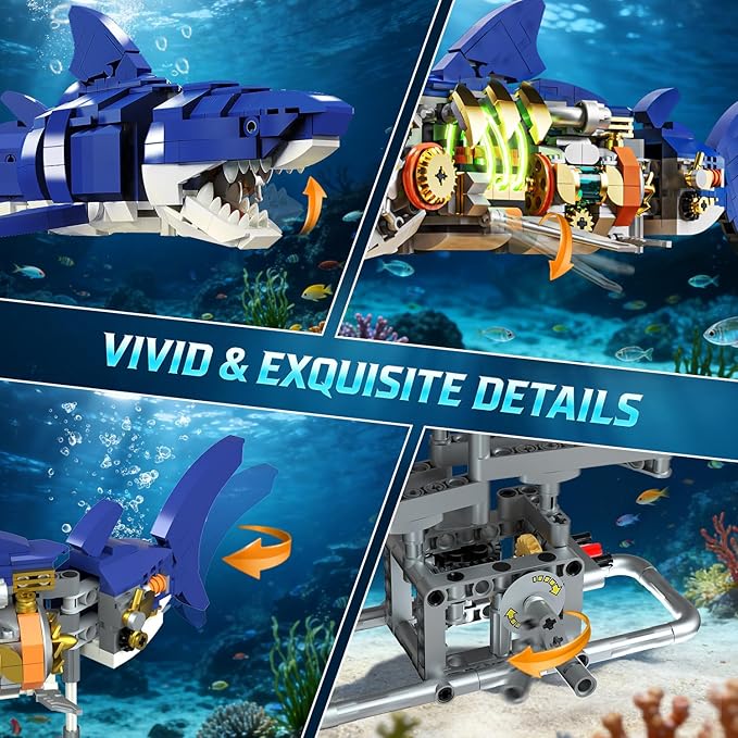 Mechanical Shark Building Set with LED Light 687 PCS Movable Ocean Animal with Display Stand Sea Fish Building Block Toy Home Decor Gift for Adults Teens Kids Boys Ages 12+