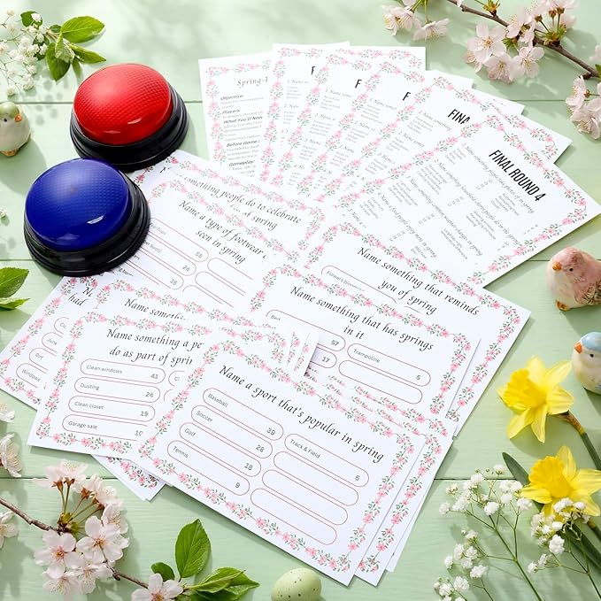 Spring Friendly Feud Game with 2 Answer Buzzers Floral Feud Cards for Family Game Night Fun Trivia Quiz for Party Office Class Groups Team Building