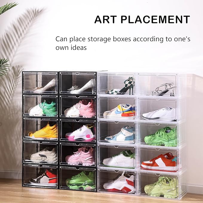 Attelite 8 Pack Shoe Boxes Clear Plastic Stackable Upgrade Large Shoe Storage Organizer Containers with Magnetic Door for Display Sneaker Easy Assembly