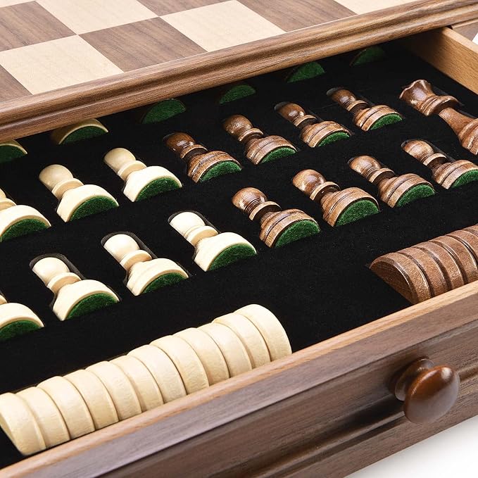 AMEROUS 15 x 15 Wooden Chess &amp Checkers Set with Built-in Storage Drawers/Weighted Chess Pieces / 2 Bonus Extra Queens / 24 Cherkers Pieces/Classic 2in1 Board Games for Kids Adults