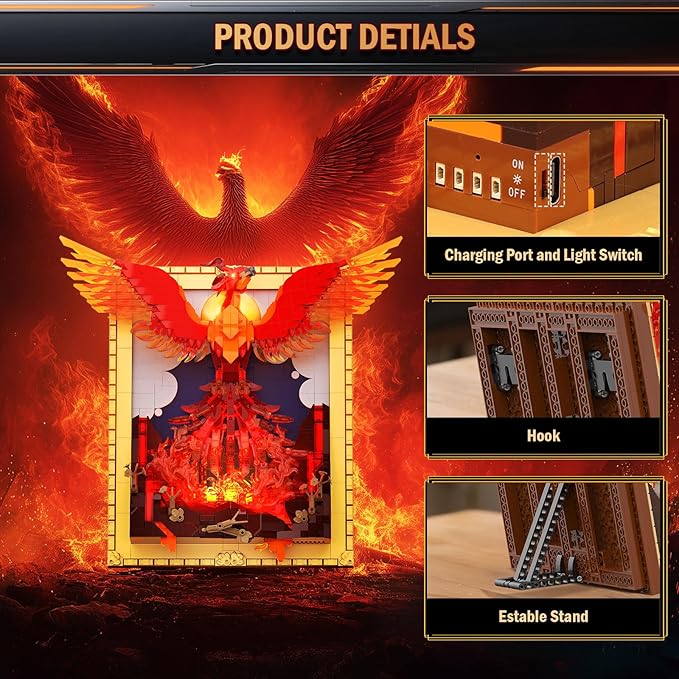 Phoenix Nirvana Building Block Sets 1565 Pcs Magic Fire Phoenix Building Toys with LED Lights 15*6.3*13.78in 3D Framed Wall Art Firebird DIY Model Kit for Gifts Decorations Collectibles