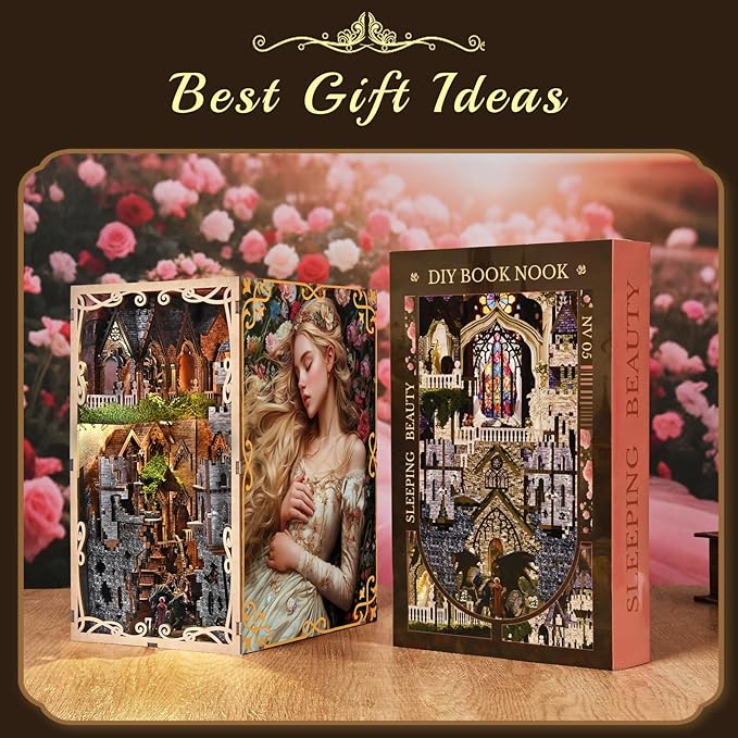 Book Nook Kit - DIY Miniature House 3D Wooden Puzzle for Adult and Teens Booknook Bookshelf Decor Scale Model Build with LED Light Gifts for Family and Friends (Sleeping Beauty)