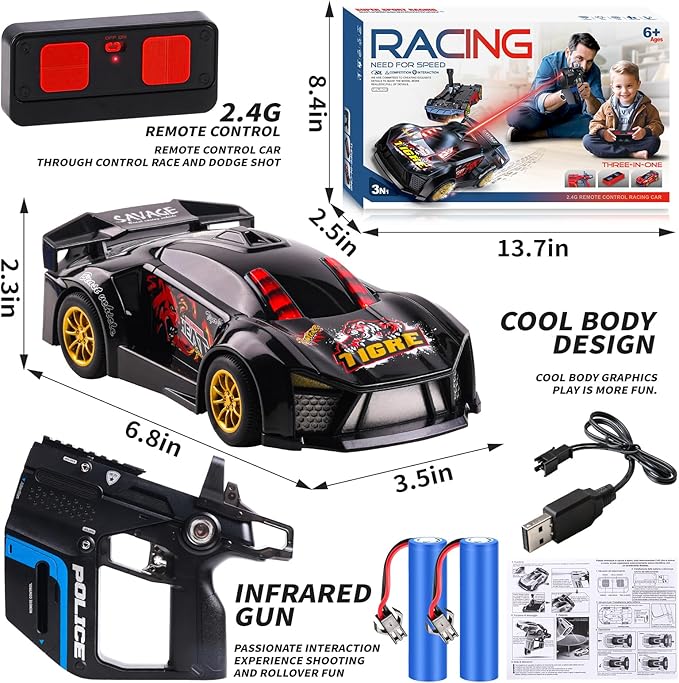3-in-1 RC Drift Car Remote Control 1:24 Police/Sports/Racing Rechargeable 2-Player Battle Set with Infrared Gun Knock-to-Flip 60 Min Play for Kids 4 5 6 7 8 9 Year Old (Black)