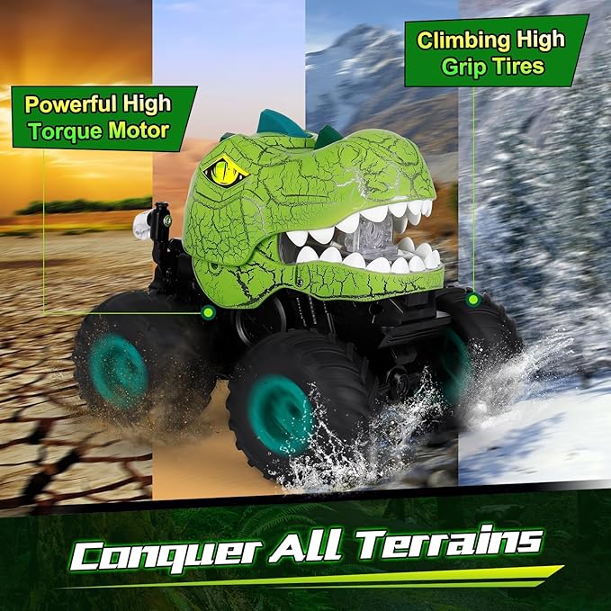 Remote Control Car for Boys Age 4-7 8-12 50min+ Runtime Dinosaur Monster Truck Toy with Spray Light Music Stunts Birthday Gift for Boy 3 4 5 6 7 8 9 10 Year Old